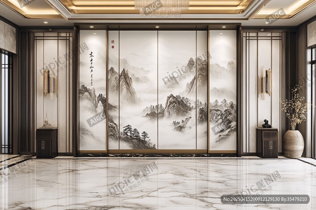 中式山水風(fēng)客廳背景墻