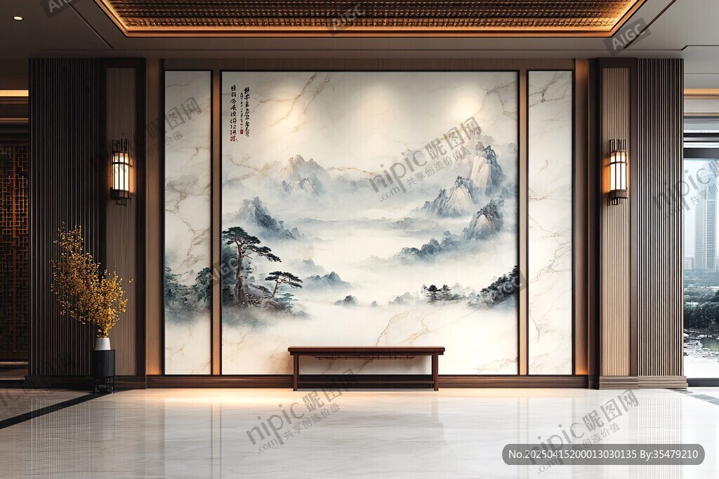 中式山水壁畫的雅致空間