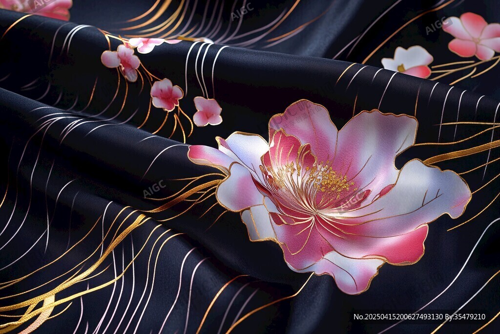 墨底繁花絲綢布料紋理