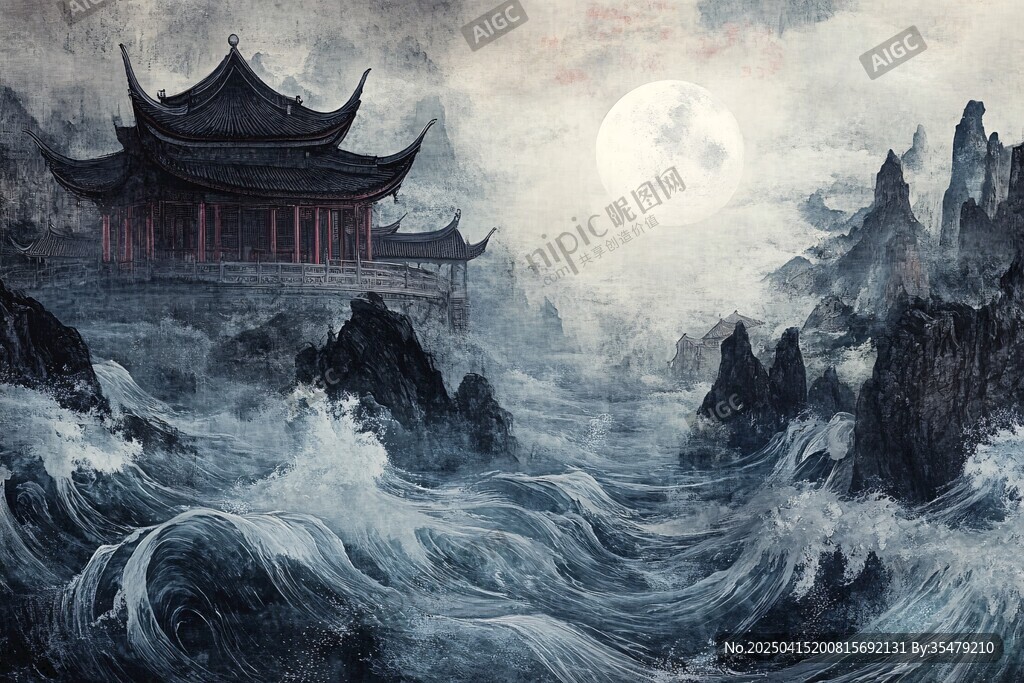 月夜下的中式樓閣與洶涌海浪