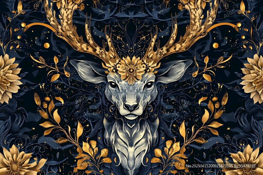 金色繁花鹿頭奇幻插畫