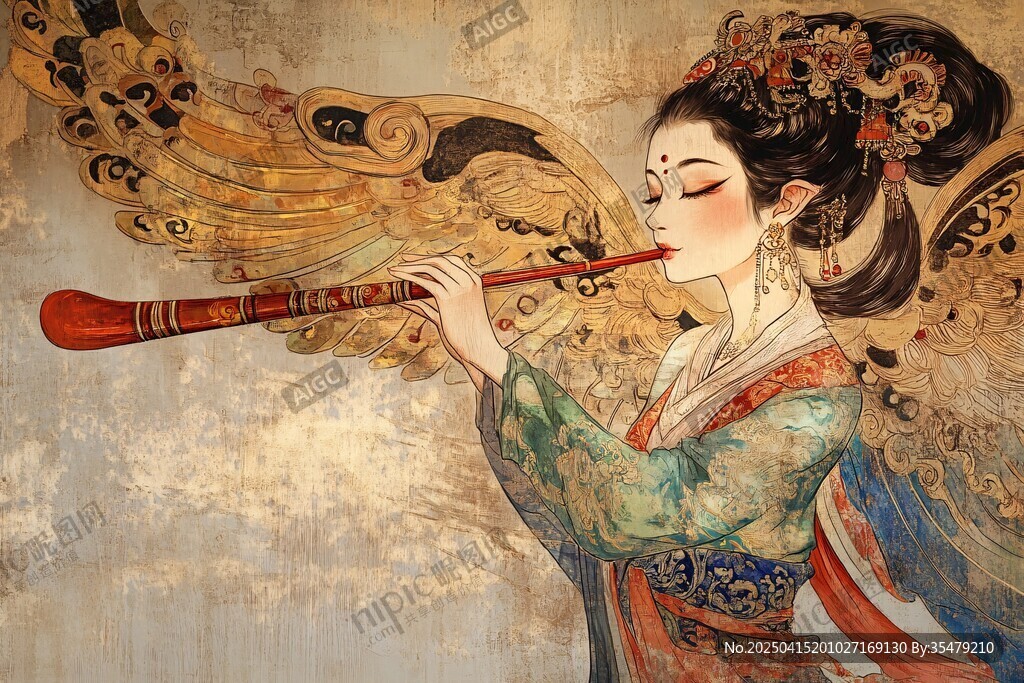 古風仙女吹奏長笛圖