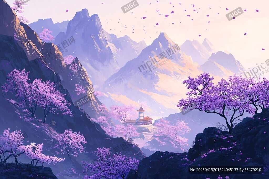 夢幻紫山景中的詩意小筑