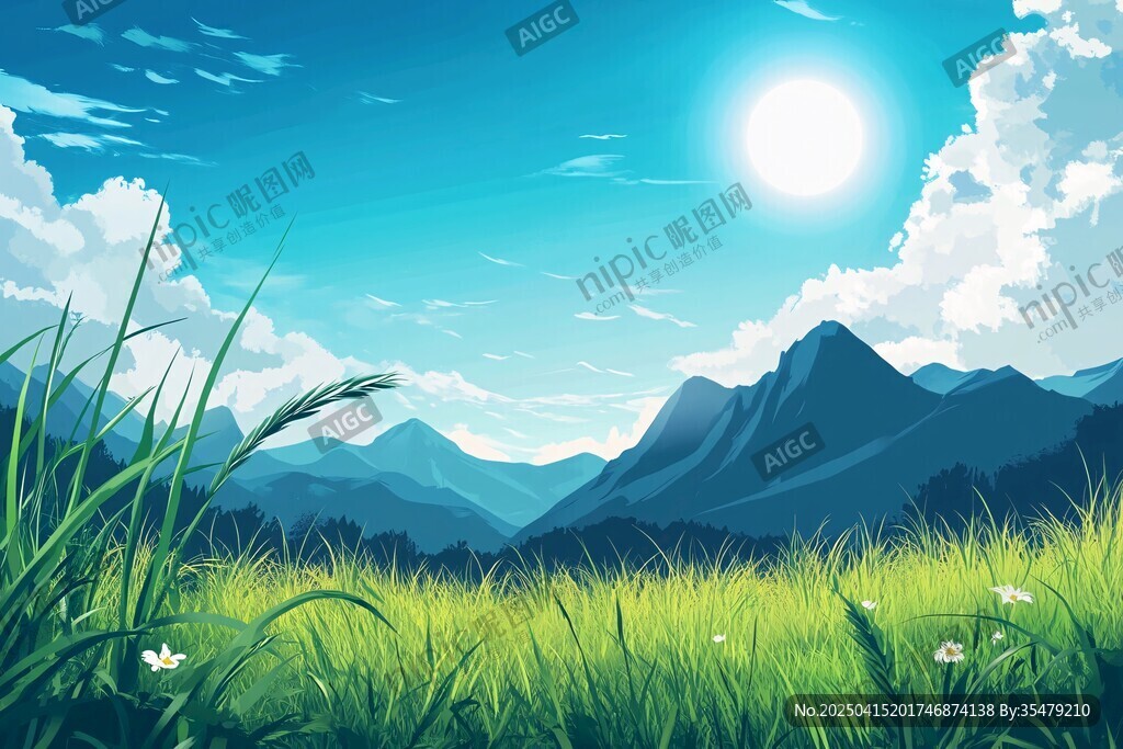 陽光照耀下的山野草地