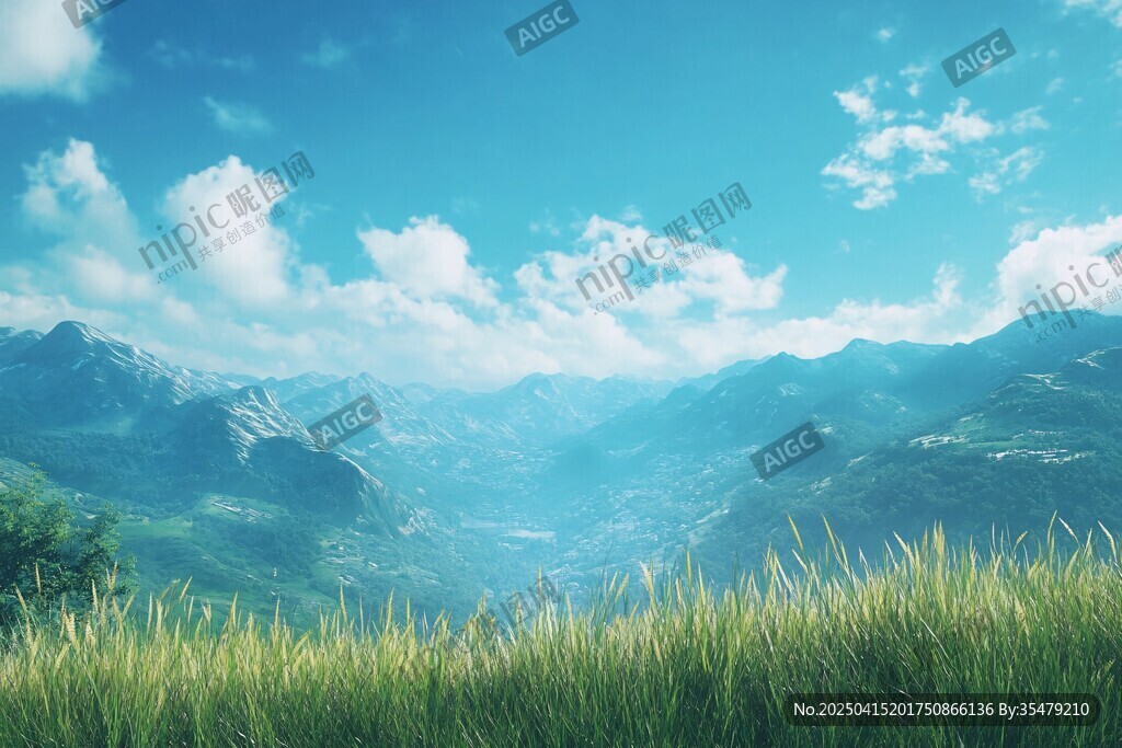 青山藍(lán)天間的蔥郁草地