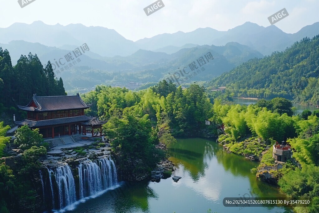 山間瀑布旁的中式美景