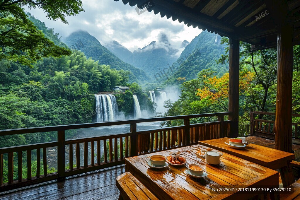 山間露臺(tái)賞瀑品茶好愜意
