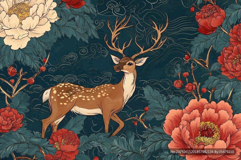 鹿伴繁花中式吉祥圖案