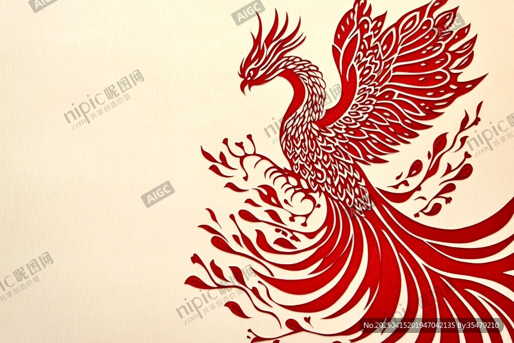 中式紅鳳凰剪紙藝術(shù)圖案