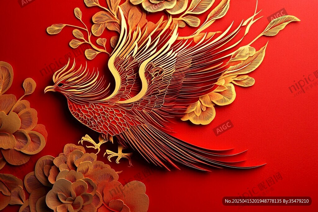 金鳳凰于紅花間展翅