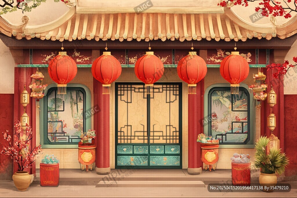 中式古宅門前喜慶燈籠景