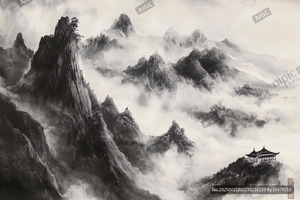 水墨群山間的靜謐古亭