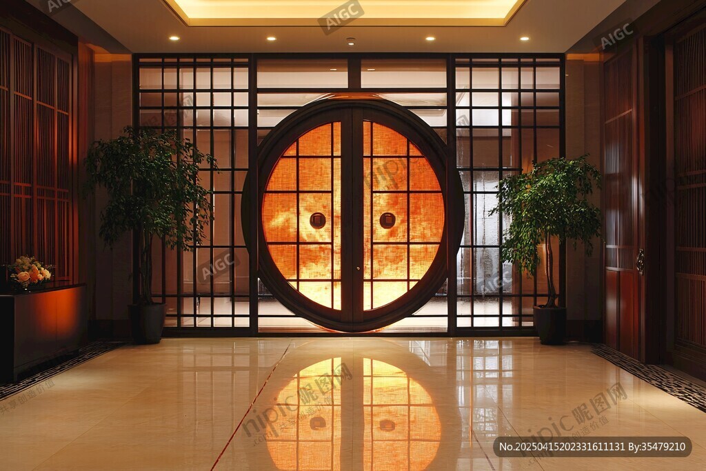 中式典雅大廳的圓門(mén)景致