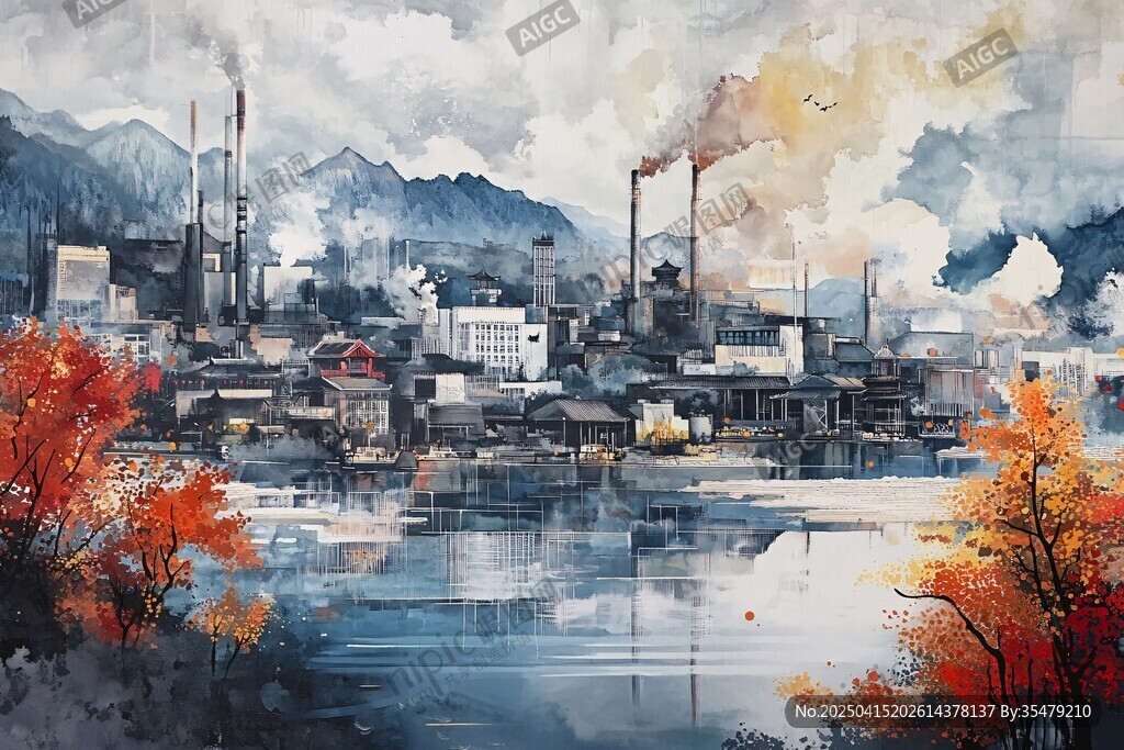 秋日河畔工業(yè)城鎮(zhèn)景象