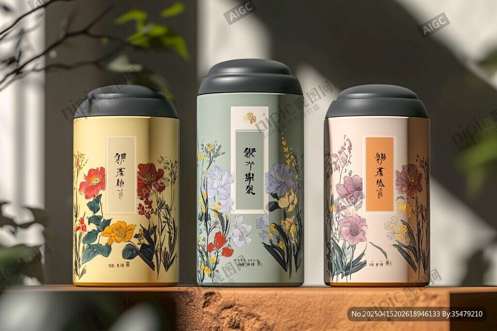 古風(fēng)花卉圖案茶葉罐三件套