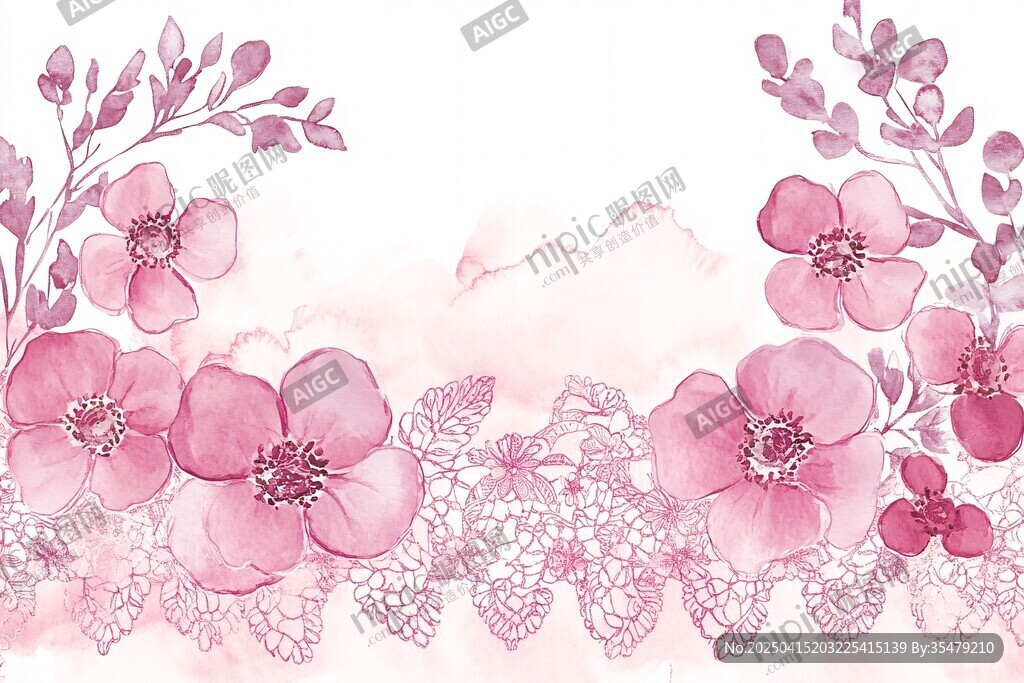 粉色花卉蕾絲邊框水彩畫