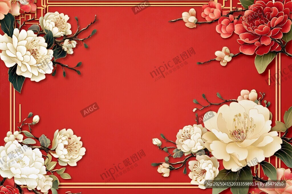 中式紅底花卉邊框背景圖