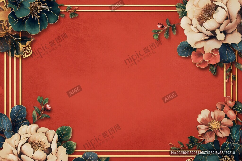中式紅底花卉邊框背景圖