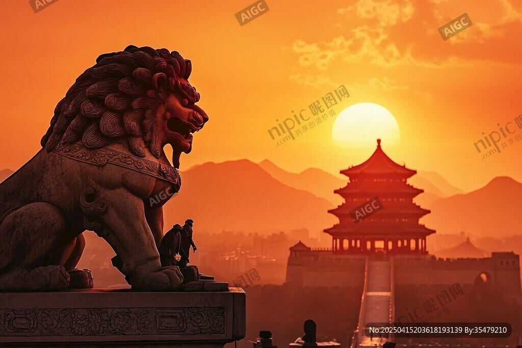 夕陽下的石獅與古典建筑
