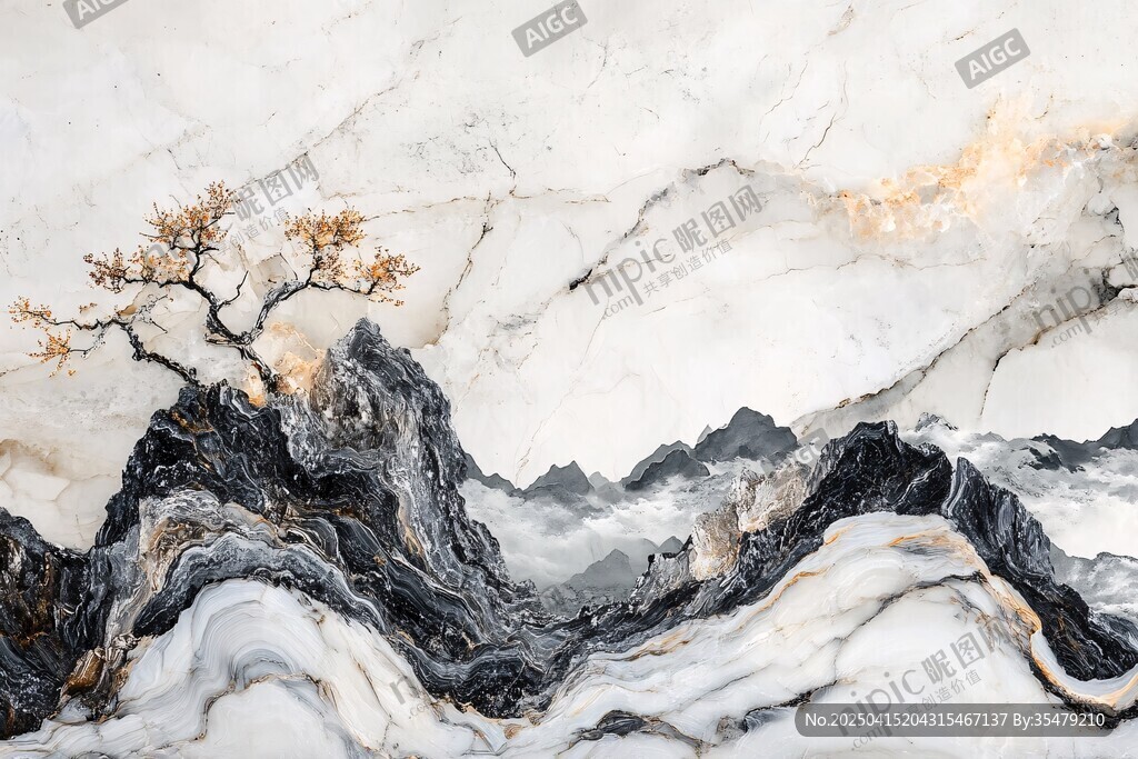 水墨山水孤樹大理石圖景