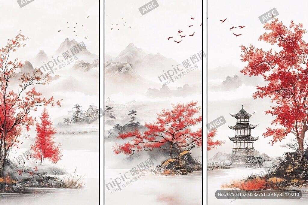 水墨秋景三聯(lián)畫