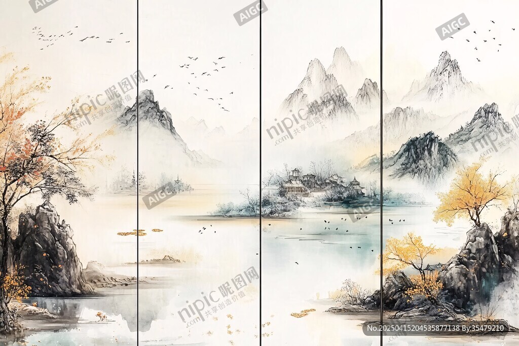 水墨山水三聯畫意境悠遠