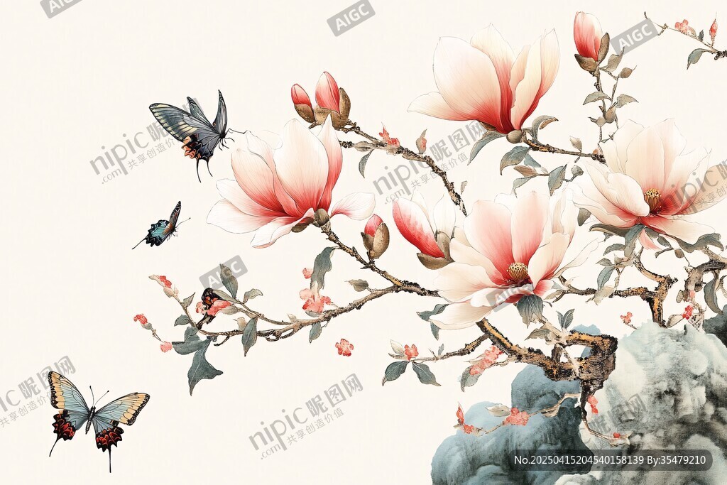 玉蘭花枝間 蝶舞添詩意