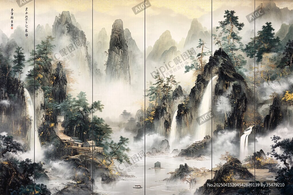 山水墨韻四屏圖