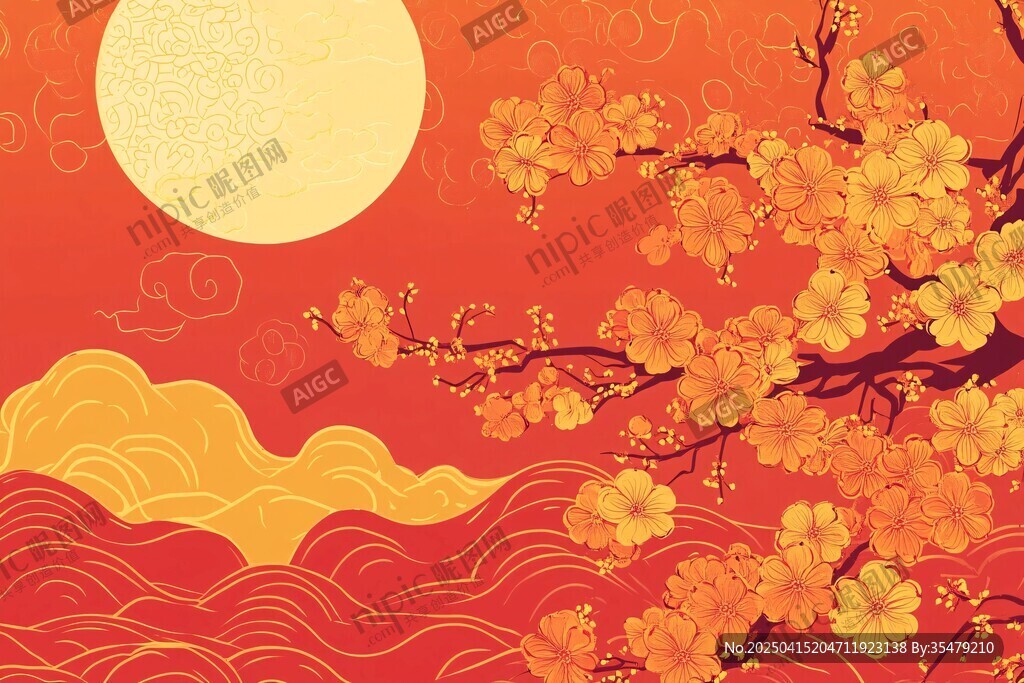 紅日繁花繪就中式美景