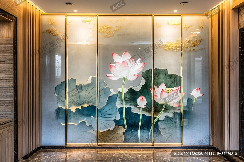 中式荷花藝術(shù)玻璃玄關(guān)