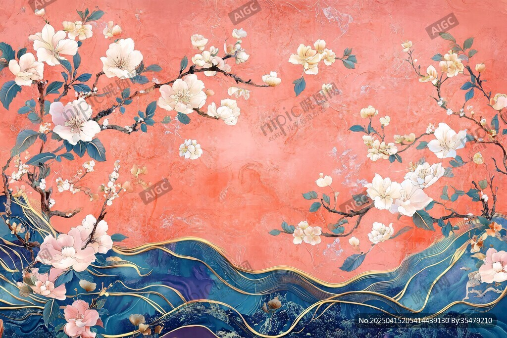古風(fēng)花卉海浪背景圖