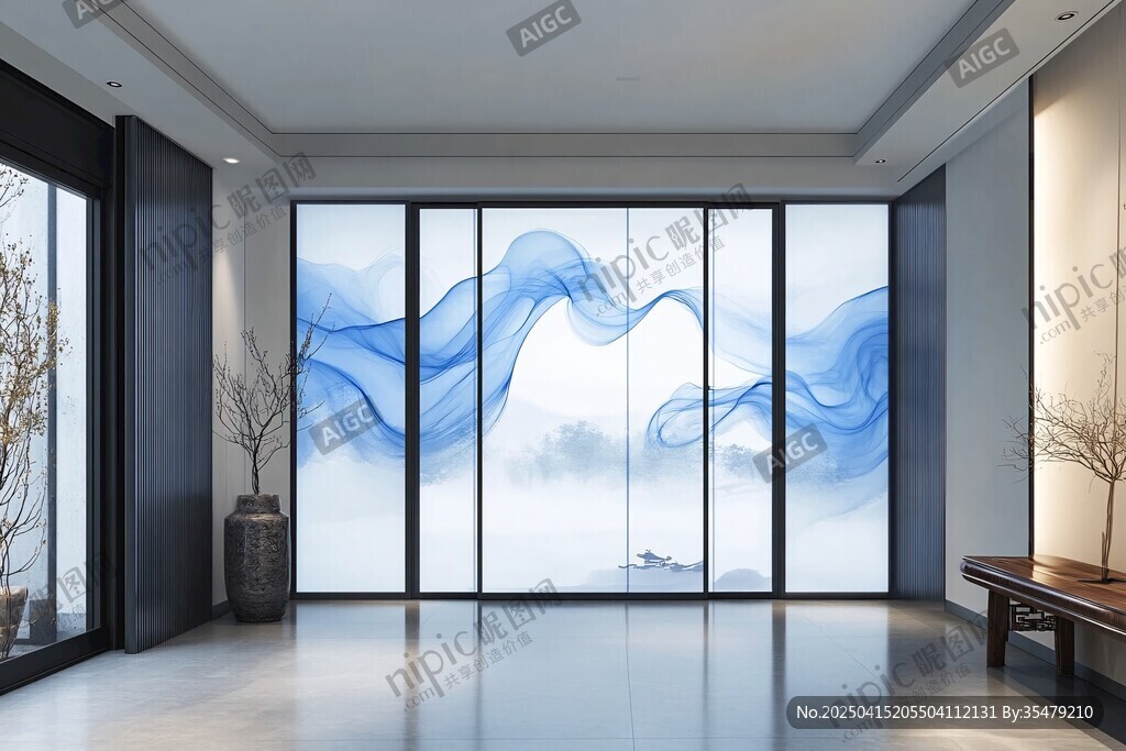 中式水墨風(fēng)玻璃隔斷客廳