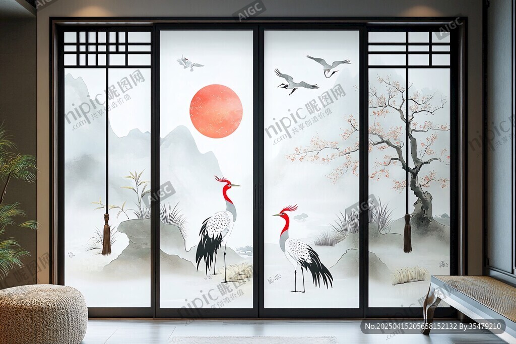 中式窗景 丹頂鶴與山水紅日
