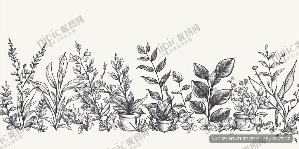 手繪植物盆栽邊框插畫