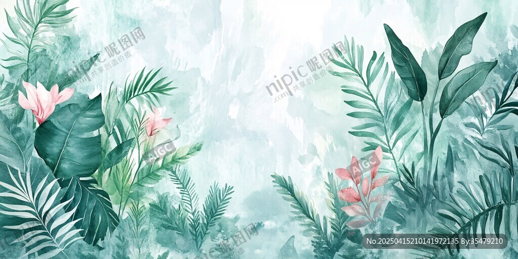 清新綠植花卉水彩背景圖