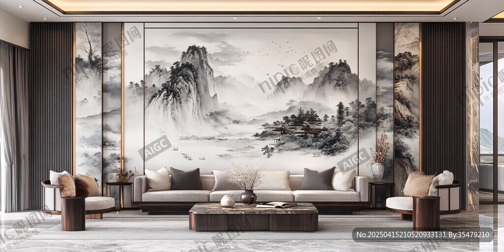 中式客廳山水壁畫裝飾風(fēng)