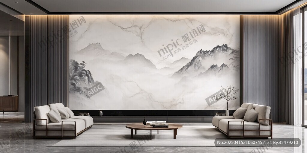 新中式客廳水墨山水背景墻
