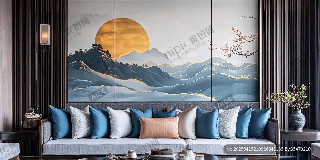 中式客廳山水掛畫沙發(fā)場景