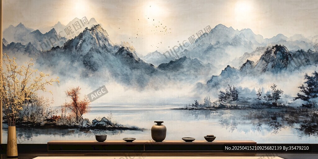 中式山水意境茶室背景圖