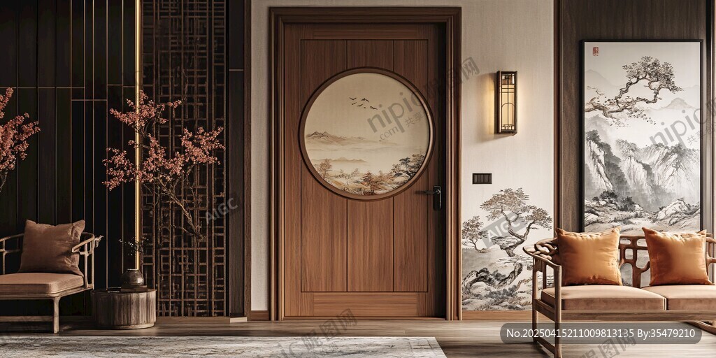 中式入戶門與雅致室內(nèi)景