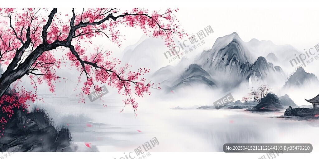 水墨桃花山水詩意畫卷