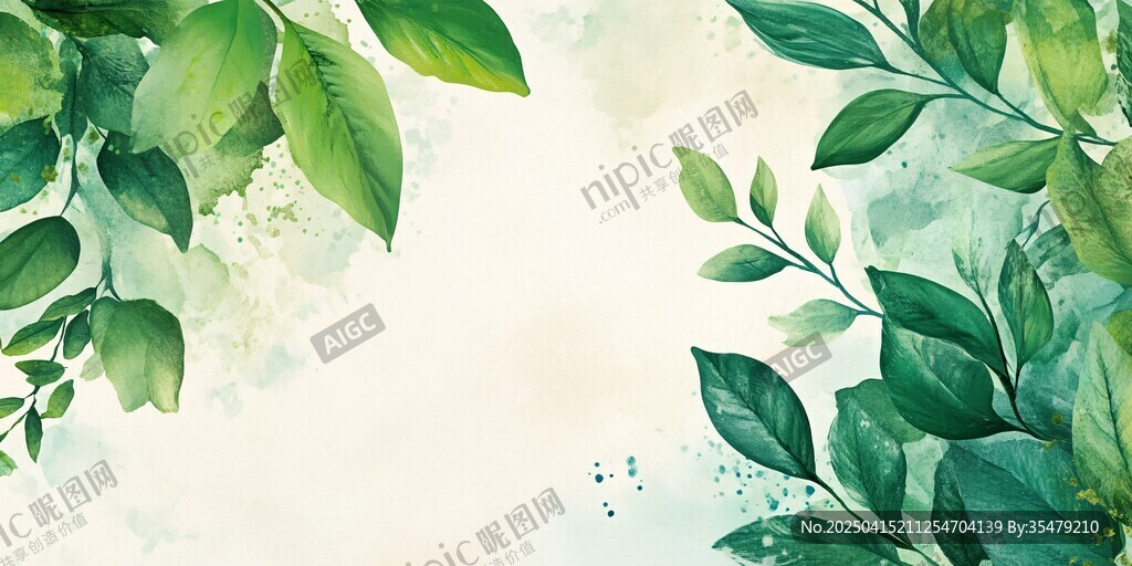 清新綠葉水彩背景圖