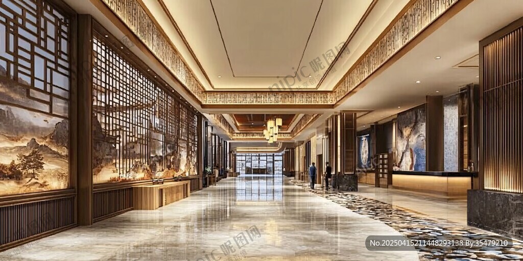 中式奢華酒店大堂走廊景觀