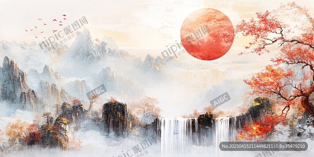 秋日山水間的壯麗落日景