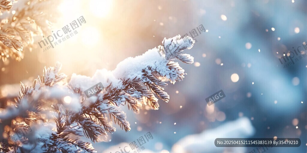 冬日陽(yáng)光照耀下的覆雪松枝