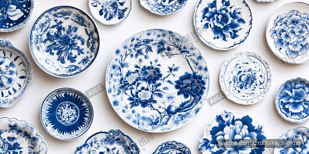 藍(lán)白青花瓷盤精美陳列