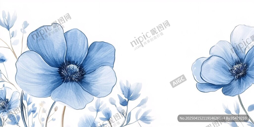 藍色花卉插畫 清新唯美