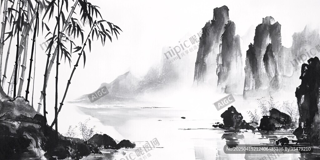 水墨山水竹林意境圖