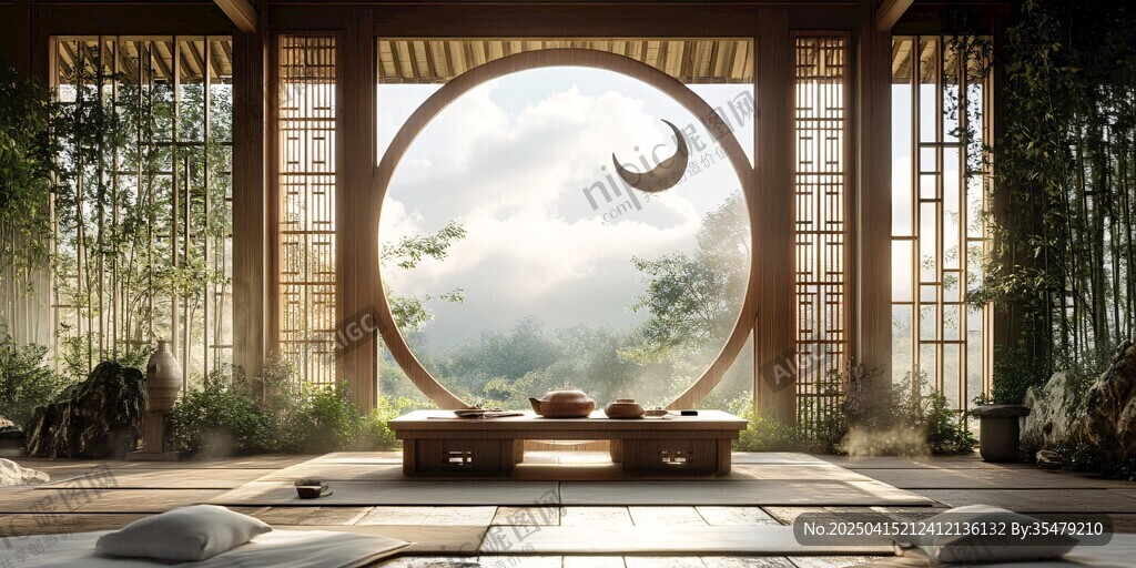 中式禪意茶室的月夜之景