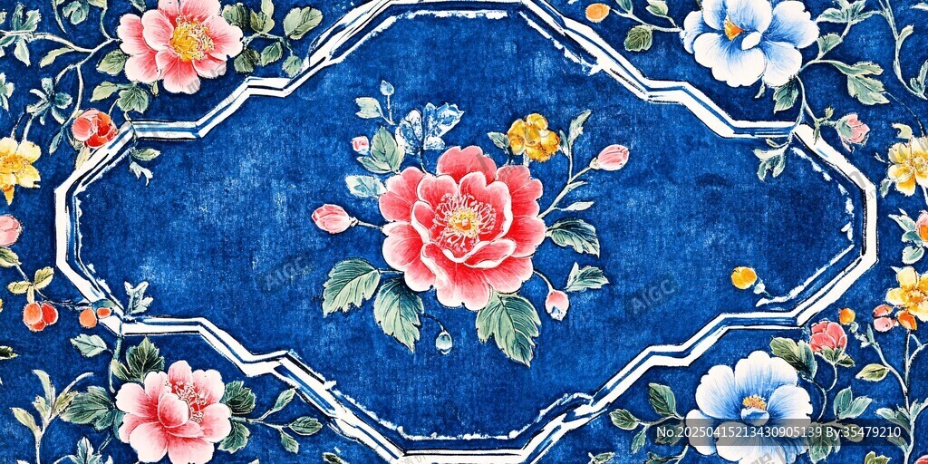 中式藍底花卉精美圖案